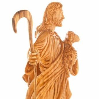 Good Shepherd statue hand carved from Bethlehem olive wood, 14.6 inch three quarter view of the religious piece