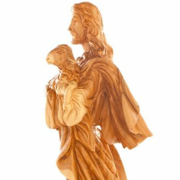 Good Shepherd statue hand carved from Bethlehem olive wood, 14.6 inch back view of the olive wood sculpture