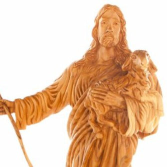 Good Shepherd statue hand carved from Bethlehem olive wood, 14.6 inch detail of the carved figure