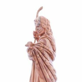 Good Shepherd statue hand carved from Bethlehem olive wood, 12.6 inch opposite side angle of the religious sculpture