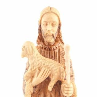 Good Shepherd statue hand carved from Bethlehem olive wood, 10.6 inch detail of the carved figure