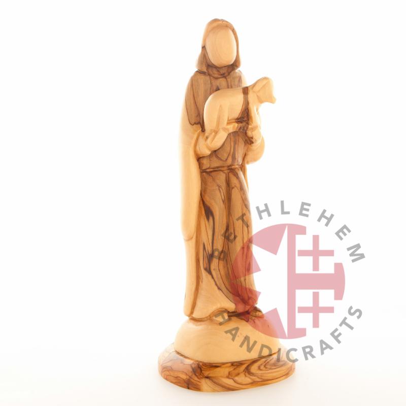 Good Shepherd statue hand carved from Bethlehem olive wood, 10 inch side angle of the olive wood sculpture