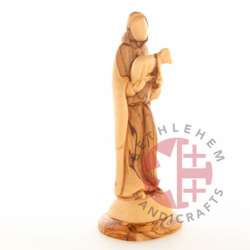 Good Shepherd statue hand carved from Bethlehem olive wood, 10 inch three quarter view of the religious piece