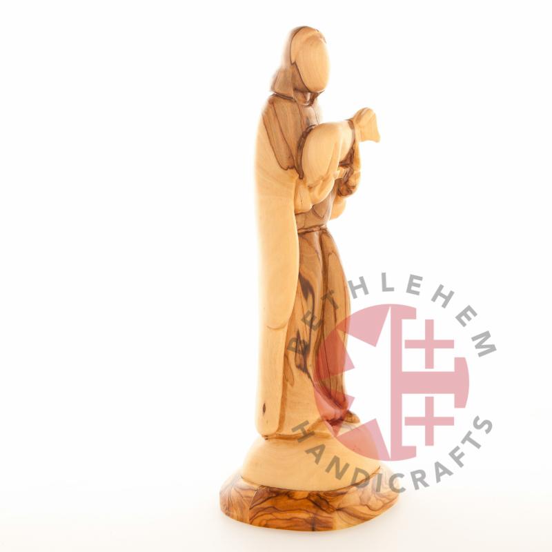 Good Shepherd statue hand carved from Bethlehem olive wood, 10 inch close detail of the hand carved work