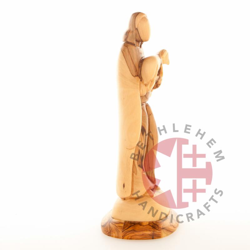 Good Shepherd statue hand carved from Bethlehem olive wood, 10 inch back view of the olive wood sculpture