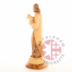 Good Shepherd statue hand carved from Bethlehem olive wood, 10 inch display angle of the Holy Land piece