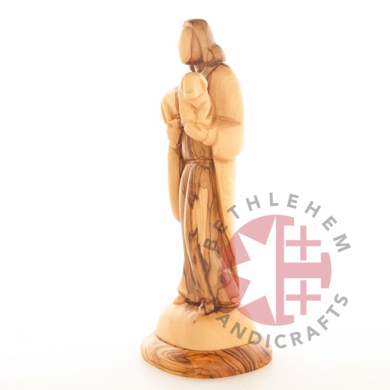 Good Shepherd statue hand carved from Bethlehem olive wood, 10 inch angle showing the olive wood color tones