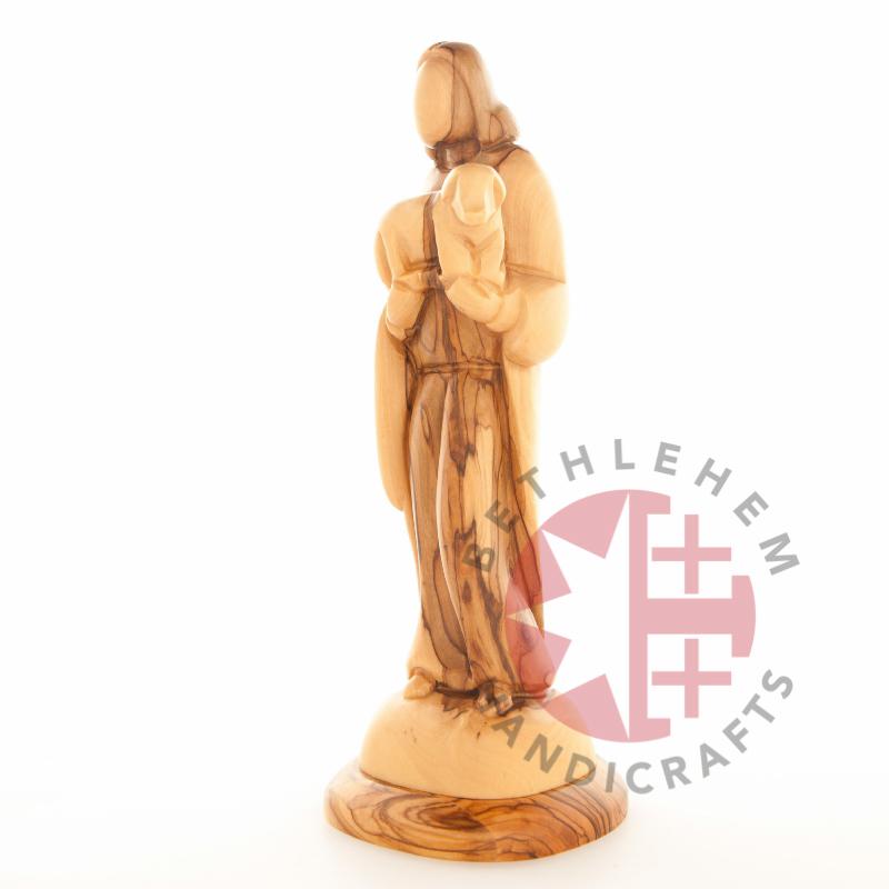Good Shepherd statue hand carved from Bethlehem olive wood, 10 inch close up of the religious symbol detail
