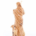 Good Shepherd statue hand carved from Bethlehem olive wood, 19 inch back view of the olive wood sculpture