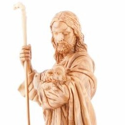 Good Shepherd statue hand carved from Bethlehem olive wood, 19 inch detail of the carved figure