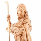 Good Shepherd statue hand carved from Bethlehem olive wood, 19 inch detail of the carved figure