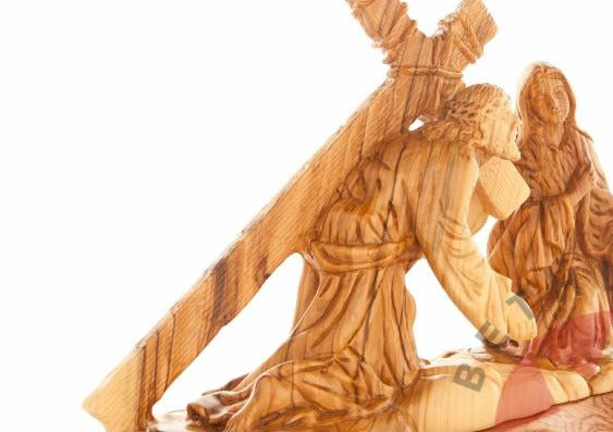 Jesus Christ olive wood cross from Bethlehem hand carved, 12.6 inch three quarter view of the religious piece