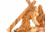 Jesus Christ olive wood cross from Bethlehem hand carved, 12.6 inch three quarter view of the religious piece