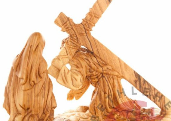Jesus Christ olive wood cross from Bethlehem hand carved, 12.6 inch close detail of the hand carved work