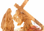 Jesus Christ olive wood cross from Bethlehem hand carved, 12.6 inch close detail of the hand carved work