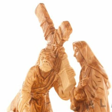 Carved Olive Wood Jesus Holding the Cross Statue - Statuettes - Bethlehem Handicrafts