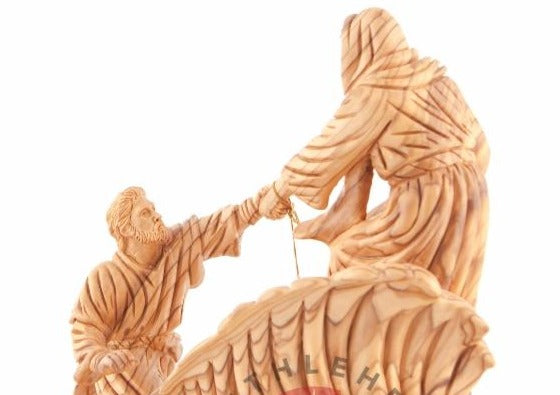 Jesus Christ statue hand carved from Bethlehem olive wood, 10 inch back view of the olive wood sculpture