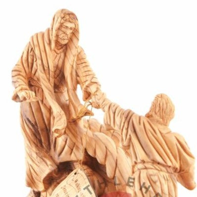 Jesus Christ statue hand carved from Bethlehem olive wood, 10 inch detail of the carved figure