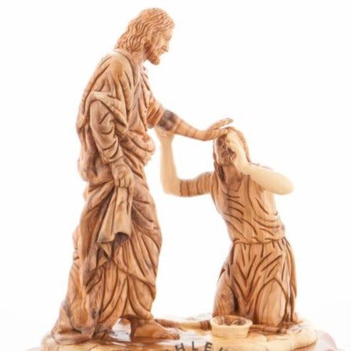 Jesus Christ statue hand carved from Bethlehem olive wood, 11.8 inch three quarter view of the religious piece