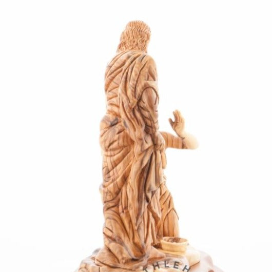 Jesus Christ statue hand carved from Bethlehem olive wood, 11.8 inch close detail of the hand carved work