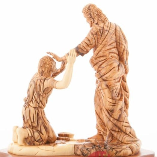 Jesus Christ statue hand carved from Bethlehem olive wood, 11.8 inch back view of the olive wood sculpture