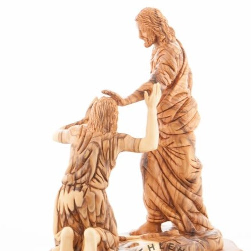 Jesus Christ statue hand carved from Bethlehem olive wood, 11.8 inch detail of the carved figure