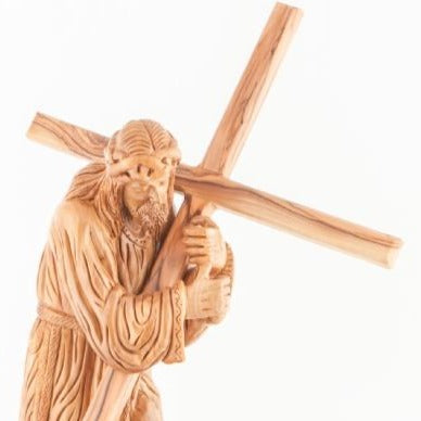 Hand Carved Jesus Holding the Cross Statue - Statuettes - Bethlehem Handicrafts