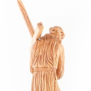 Jesus Christ olive wood cross from Bethlehem hand carved, 16.9 inch top angle showing detail of the craftsmanship