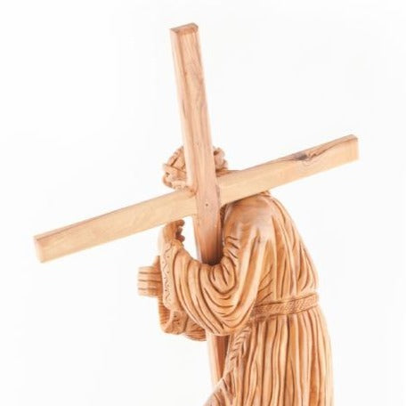 Jesus Christ olive wood cross from Bethlehem hand carved, 16.9 inch lifestyle photo on display