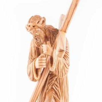 Jesus Christ olive wood cross from Bethlehem hand carved, 16.9 inch close up showing the olive wood grain