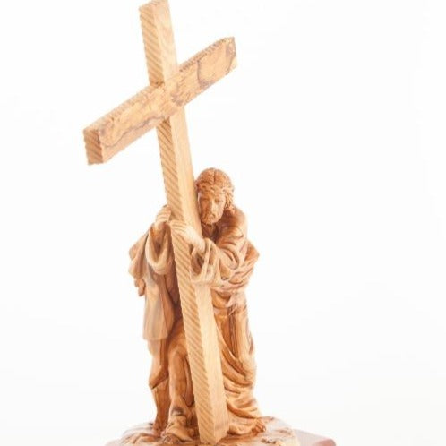 Hand Carved Olive Wood Jesus Holding the Cross Statue - Statuettes - Bethlehem Handicrafts
