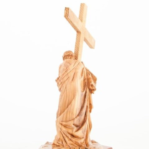 Hand Carved Olive Wood Jesus Holding the Cross Statue - Statuettes - Bethlehem Handicrafts