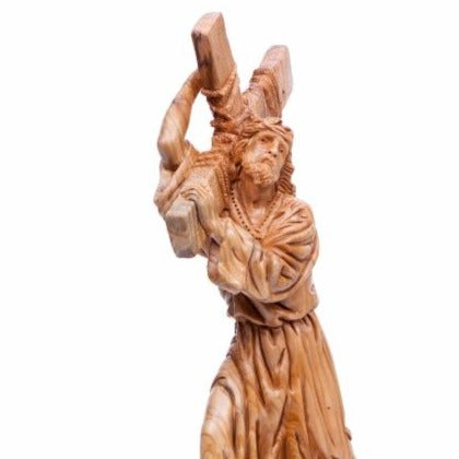 Jesus Christ olive wood cross from Bethlehem hand carved, 13.8 inch three quarter view of the religious piece