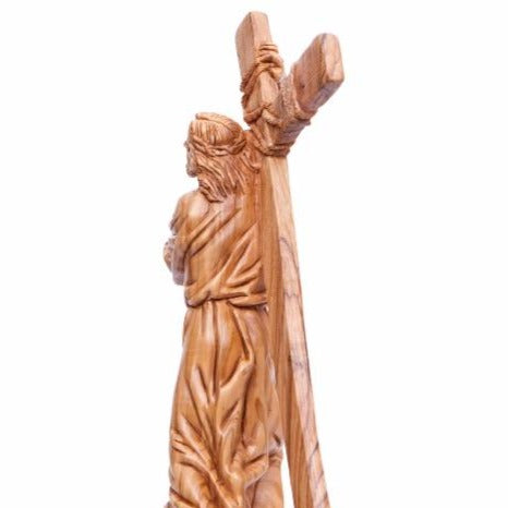 Jesus Christ olive wood cross from Bethlehem hand carved, 13.8 inch back view of the olive wood sculpture
