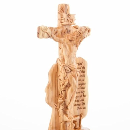 Jesus Christ olive wood wall cross from Bethlehem, 13.6 inch lifestyle photo on display