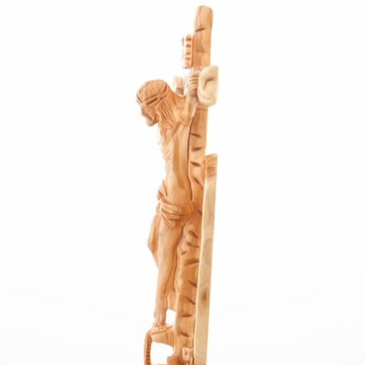 Jesus Christ olive wood wall cross from Bethlehem, 13.6 inch natural light photo of the piece