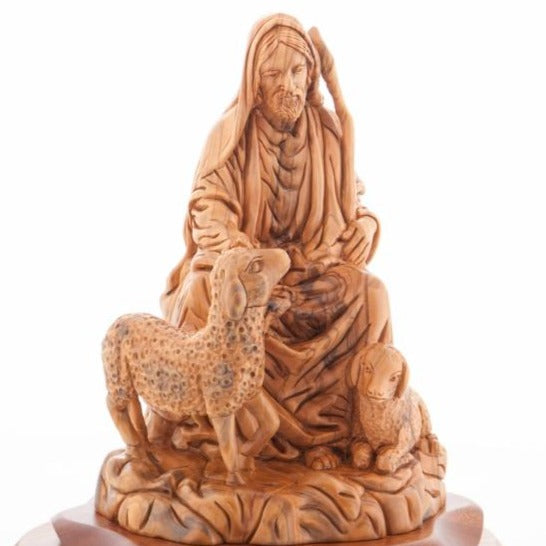Good Shepherd statue hand carved from Bethlehem olive wood, 9.3 inch detail of the carved figure