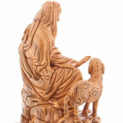 Good Shepherd statue hand carved from Bethlehem olive wood, 9.3 inch three quarter view of the religious piece