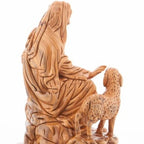 Good Shepherd statue hand carved from Bethlehem olive wood, 9.3 inch three quarter view of the religious piece