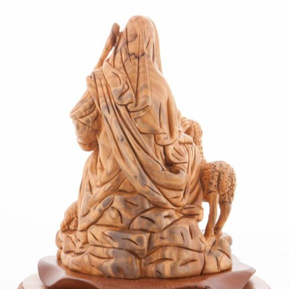 Good Shepherd statue hand carved from Bethlehem olive wood, 9.3 inch close detail of the hand carved work