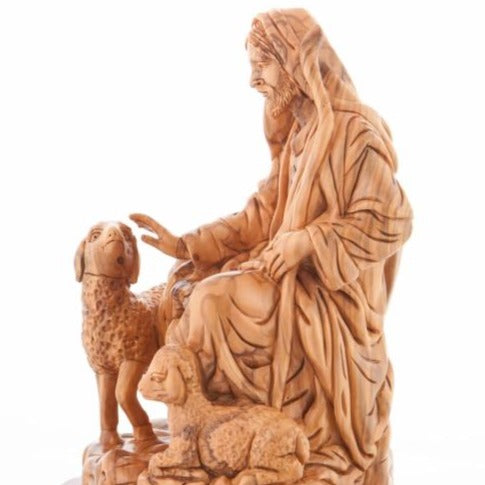 Good Shepherd statue hand carved from Bethlehem olive wood, 9.3 inch back view of the olive wood sculpture