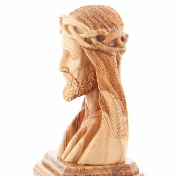 Jesus Christ statue hand carved from Bethlehem olive wood, 9.8 inch lifestyle photo on display