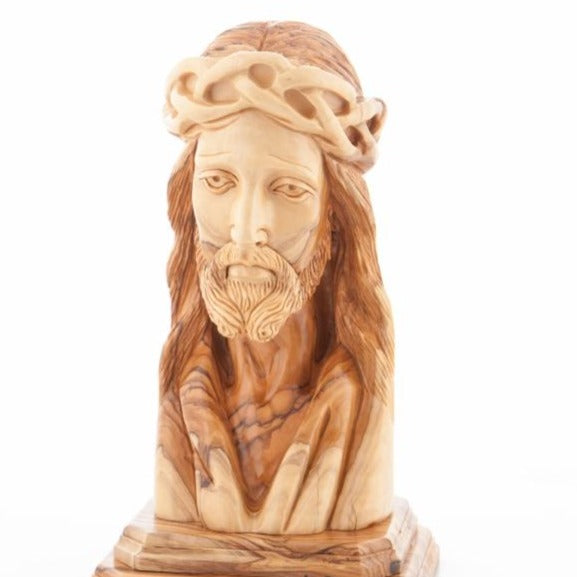 Jesus Christ statue hand carved from Bethlehem olive wood, 9.8 inch natural light photo of the piece