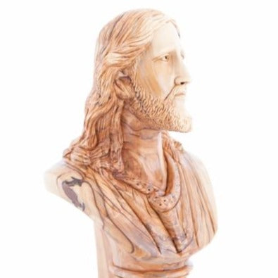 Jesus Christ statue hand carved from Bethlehem olive wood, 9.8 inch close detail of the hand carved work