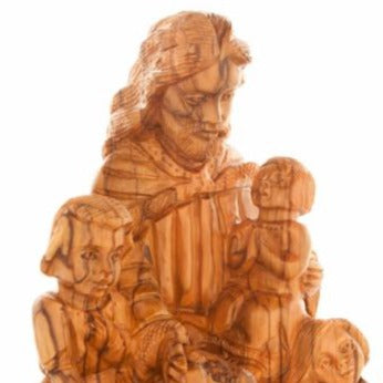 Jesus Christ statue hand carved from Bethlehem olive wood, 8.7 inch three quarter view of the religious piece