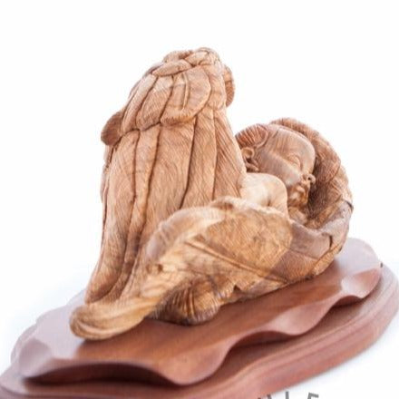 Jesus Christ statue hand carved from Bethlehem olive wood, 17.5 inch three quarter view of the religious piece