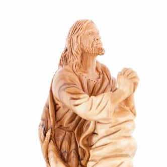 Jesus Christ statue hand carved from Bethlehem olive wood, 9.1 inch three quarter view of the religious piece