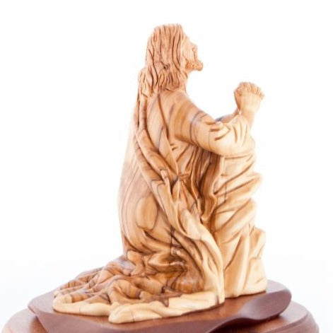 Jesus Christ statue hand carved from Bethlehem olive wood, 9.1 inch back view of the olive wood sculpture