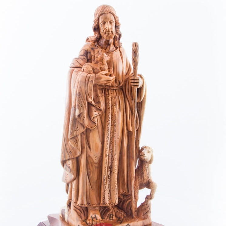 Good Shepherd statue hand carved from Bethlehem olive wood, 16.5 inch close up showing the olive wood grain
