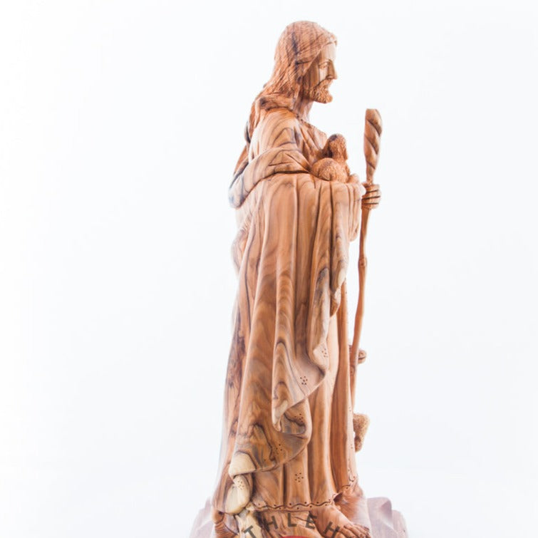 Good Shepherd statue hand carved from Bethlehem olive wood, 16.5 inch natural light photo of the piece